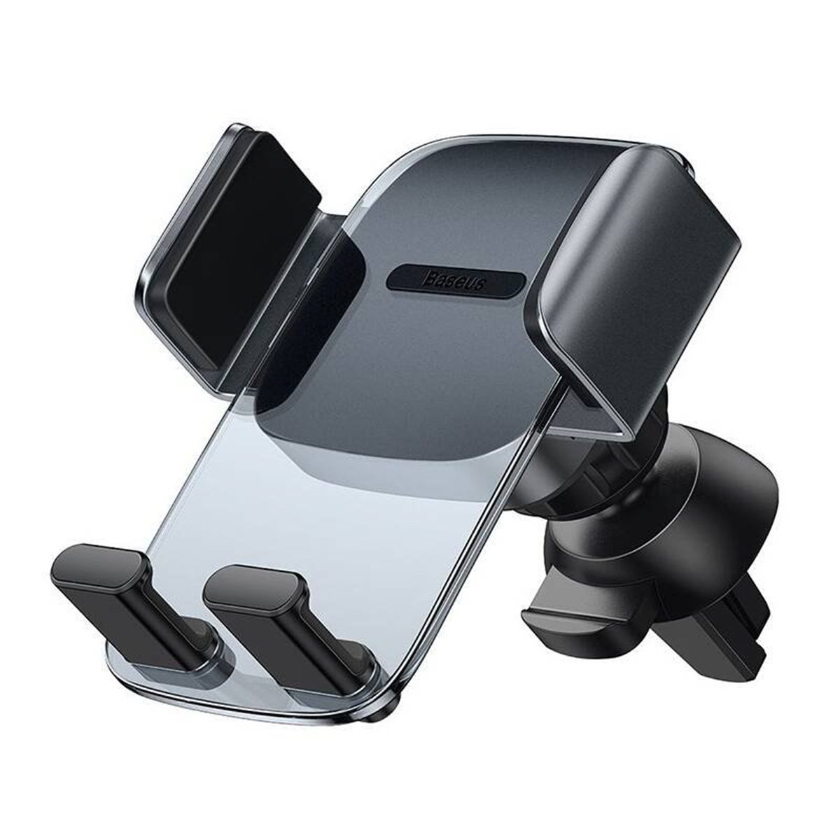 Ukośny widok czarnego uchwytu samochodowego z przezroczystym uchwytem na telefon, przeznaczonego do bezpiecznego mocowania do otworów wentylacyjnych.