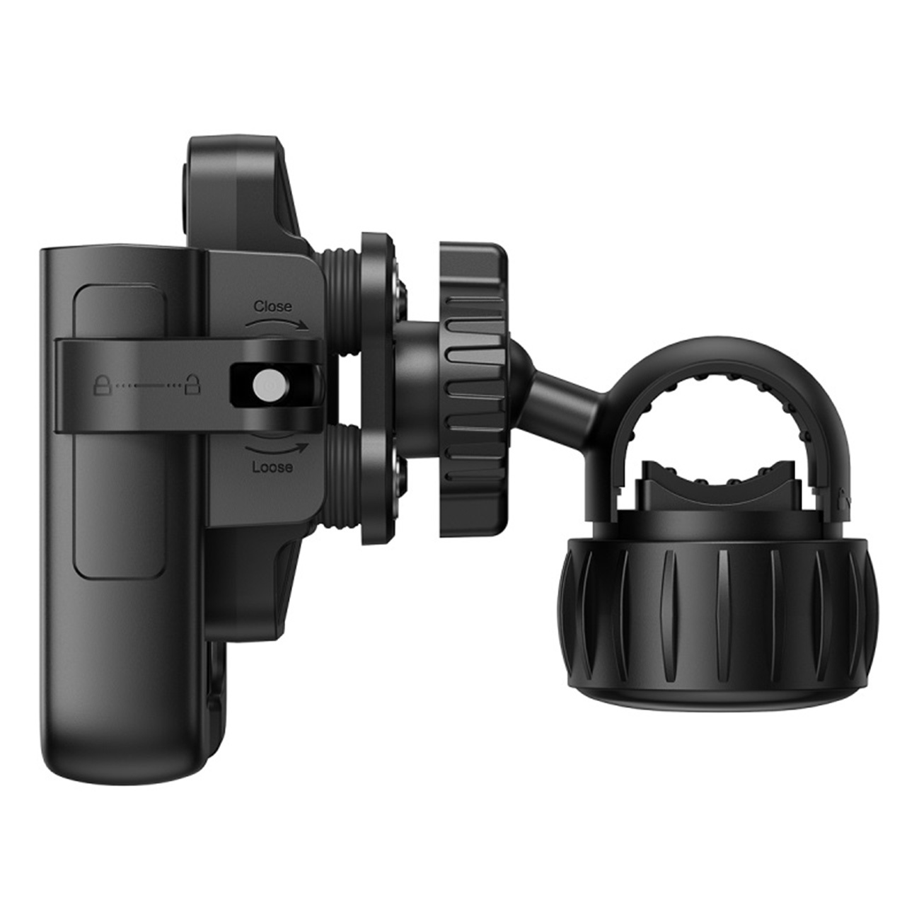 Czarny uchwyt na telefon jest wyświetlany na białym tle.