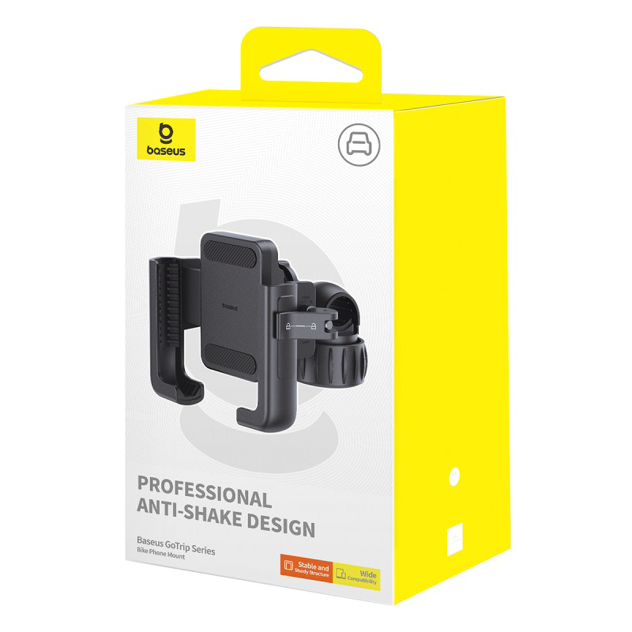 Zdjęcie przedstawia żółte pudełko zawierające czarny uchwyt samochodowy do telefonu Baseus GoTrip Series. Uchwyt jest odporny na wstrząsy.