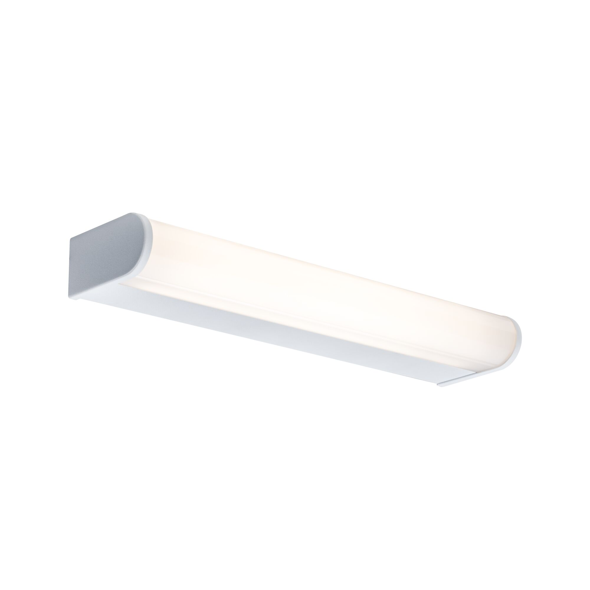 L'immagine mostra un apparecchio di illuminazione a LED bianco, lungo e rettangolare, montato su una parete bianca, che offre un aspetto minimalista e pulito.