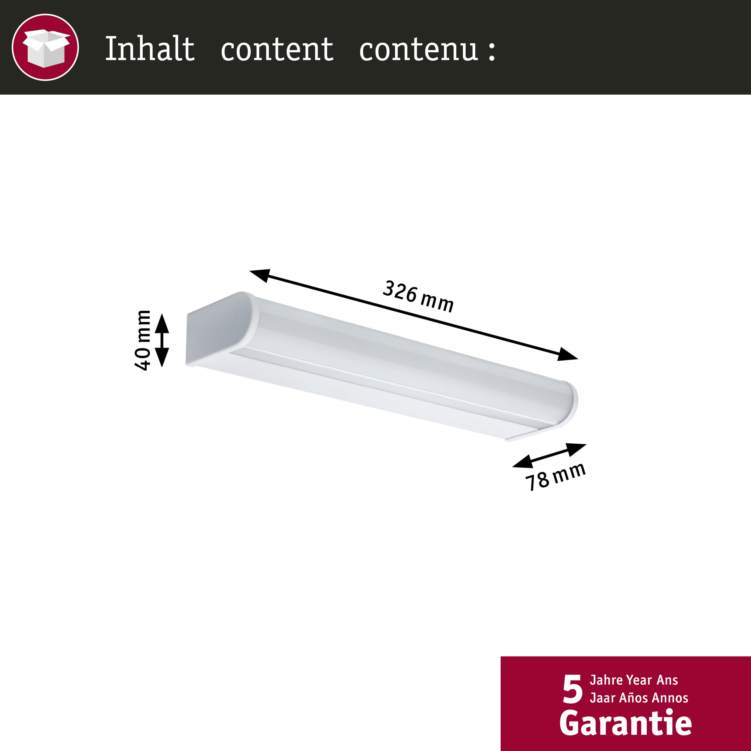 L'immagine mostra un diagramma di un apparecchio di illuminazione a LED bianco con dimensioni in millimetri, che mostra anche un sigillo di garanzia di 5 anni.