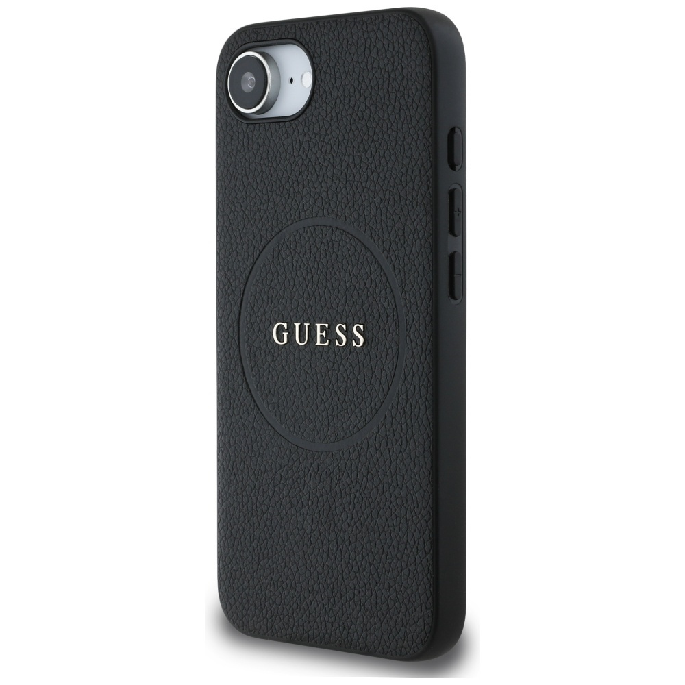 Custodia nera testurizzata con il logo GUESS, progettata per la protezione con un'estetica elegante e minimalista.