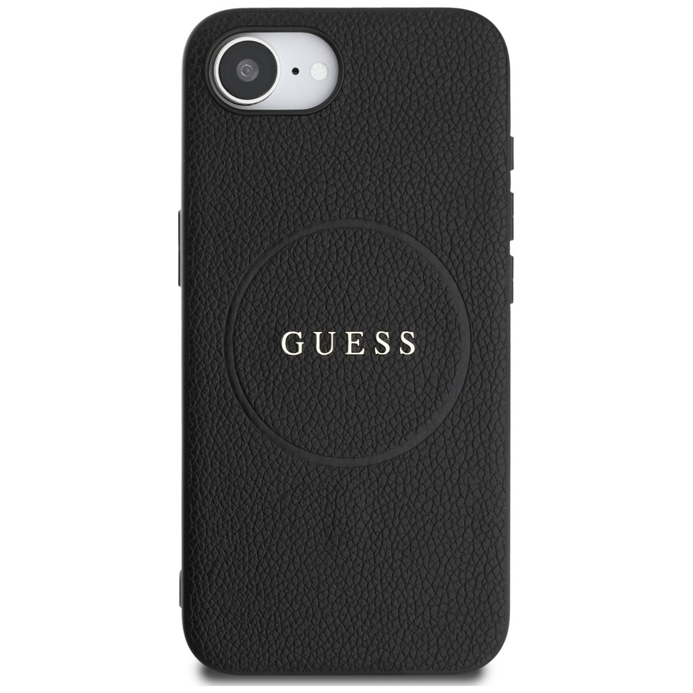 Custodia nera per telefono con finitura testurizzata e la parola GUESS, che offre protezione e un design elegante.