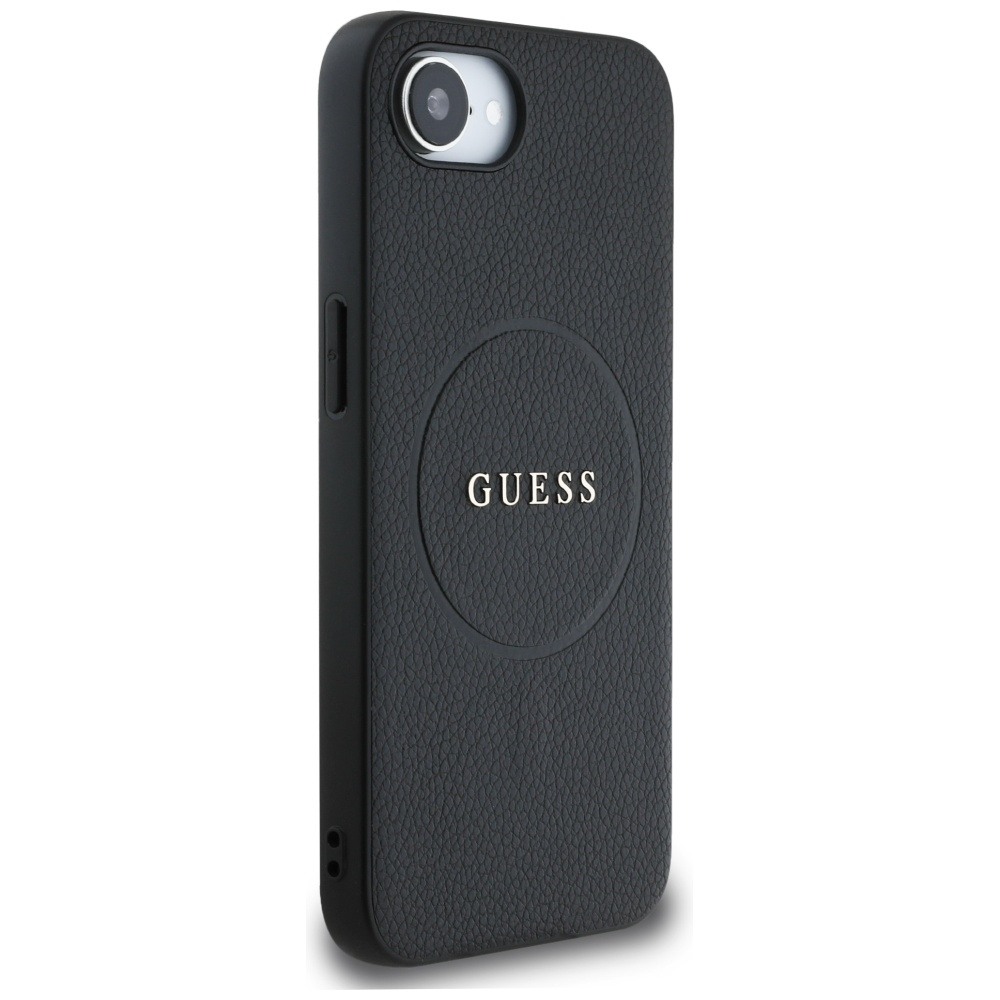 Custodia nera per telefono con materiale testurizzato e il logo GUESS, progettata per protezione e stile.