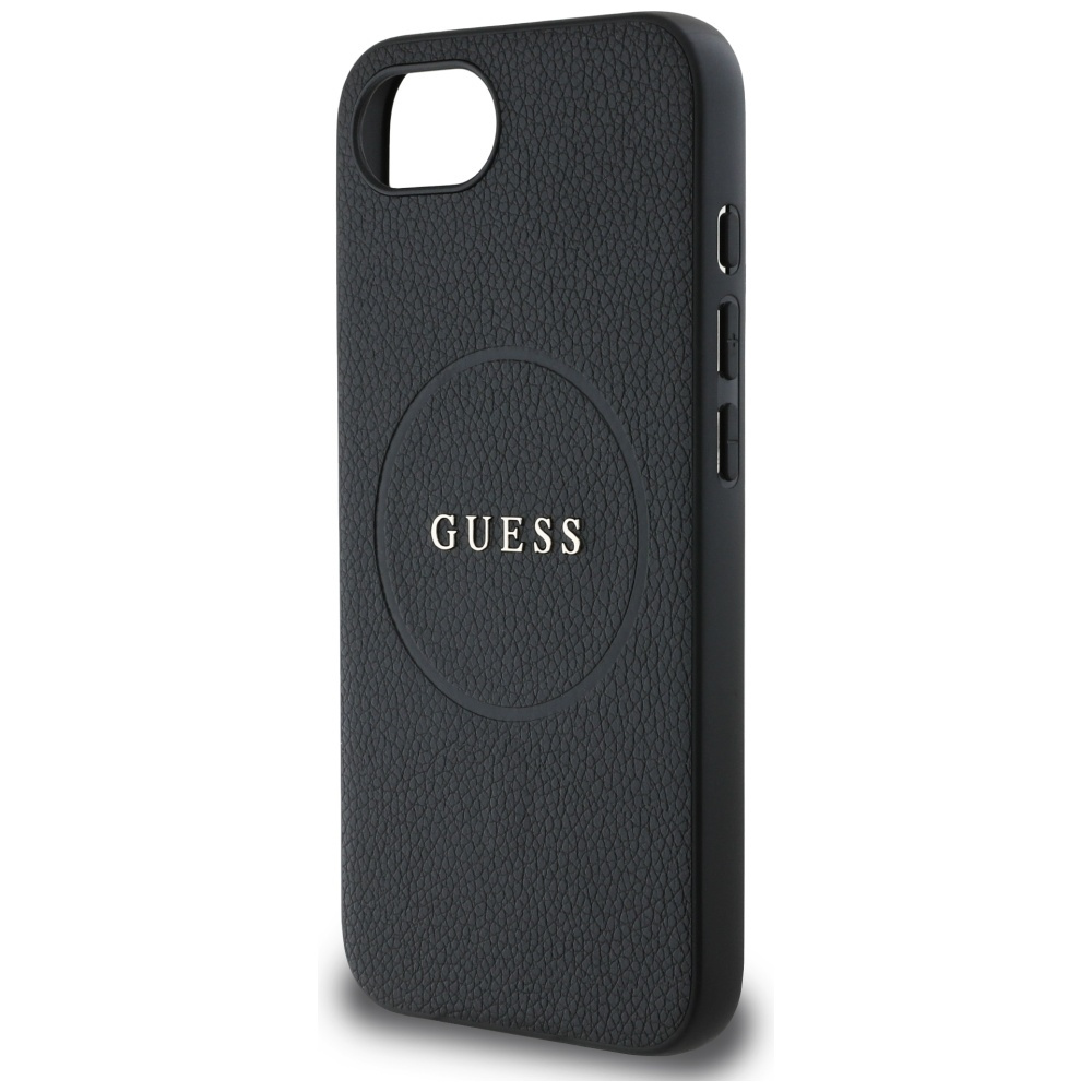 Custodia nera per telefono con il logo GUESS, progettata per fornire sia protezione che un aspetto elegante.
