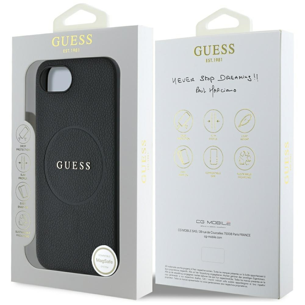 Confezione per una custodia nera per telefono con il logo GUESS, che evidenzia caratteristiche come la protezione dalle cadute e il profilo sottile.