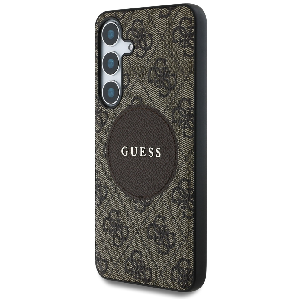 Una custodia per telefono marrone e nera con un logo GUESS è mostrata su uno sfondo bianco.