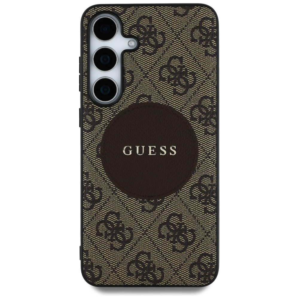 Una custodia per telefono marrone e nera con un logo GUESS è visualizzata su uno sfondo bianco.