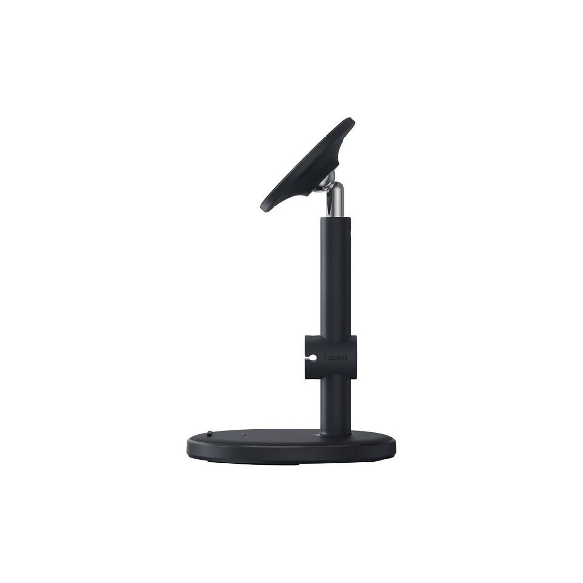Czarna regulowana podstawka ma okrągłą podstawę i odchylaną głowicę na srebrnym pionowym słupku.