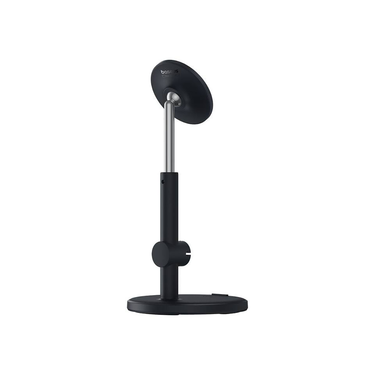 Czarna regulowana podstawka ma okrągłą podstawę i odchylaną głowicę na srebrnym pionowym słupku.