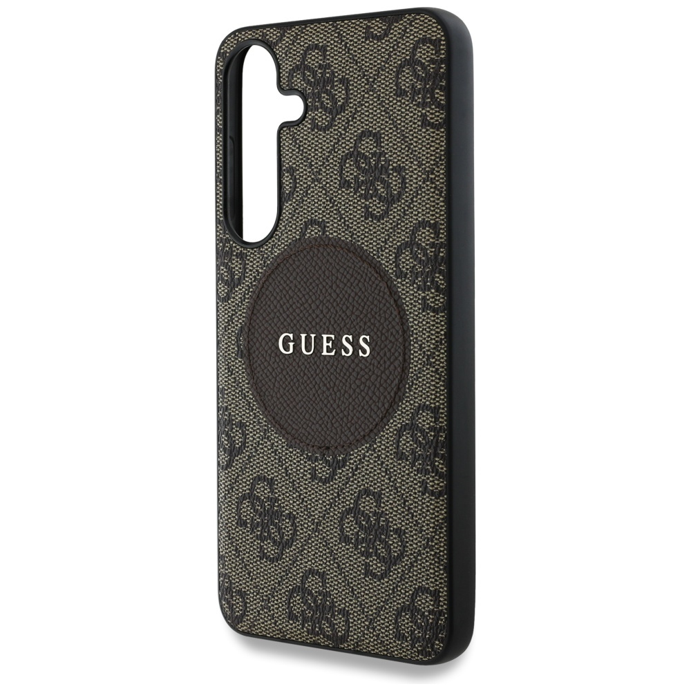 Una custodia per telefono marrone e nera con un logo GUESS su uno sfondo bianco, angolata di lato.