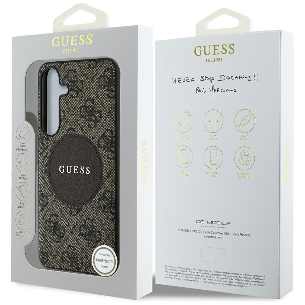 Una custodia e scatola per telefono Guess. La custodia ha un motivo marrone, con il nome del marchio al centro.