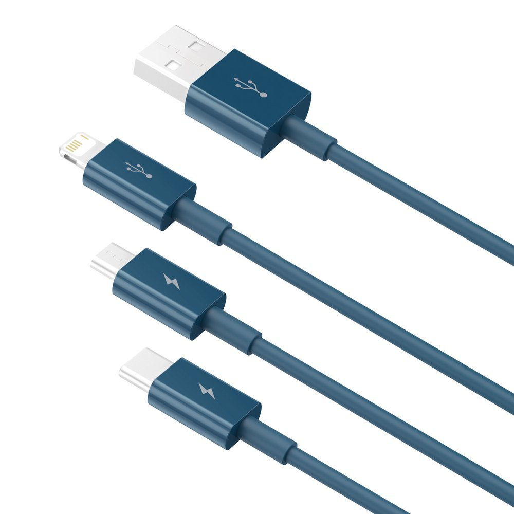 Quattro cavi di ricarica blu con diversi connettori. USB-A, Lightning, USB-C.