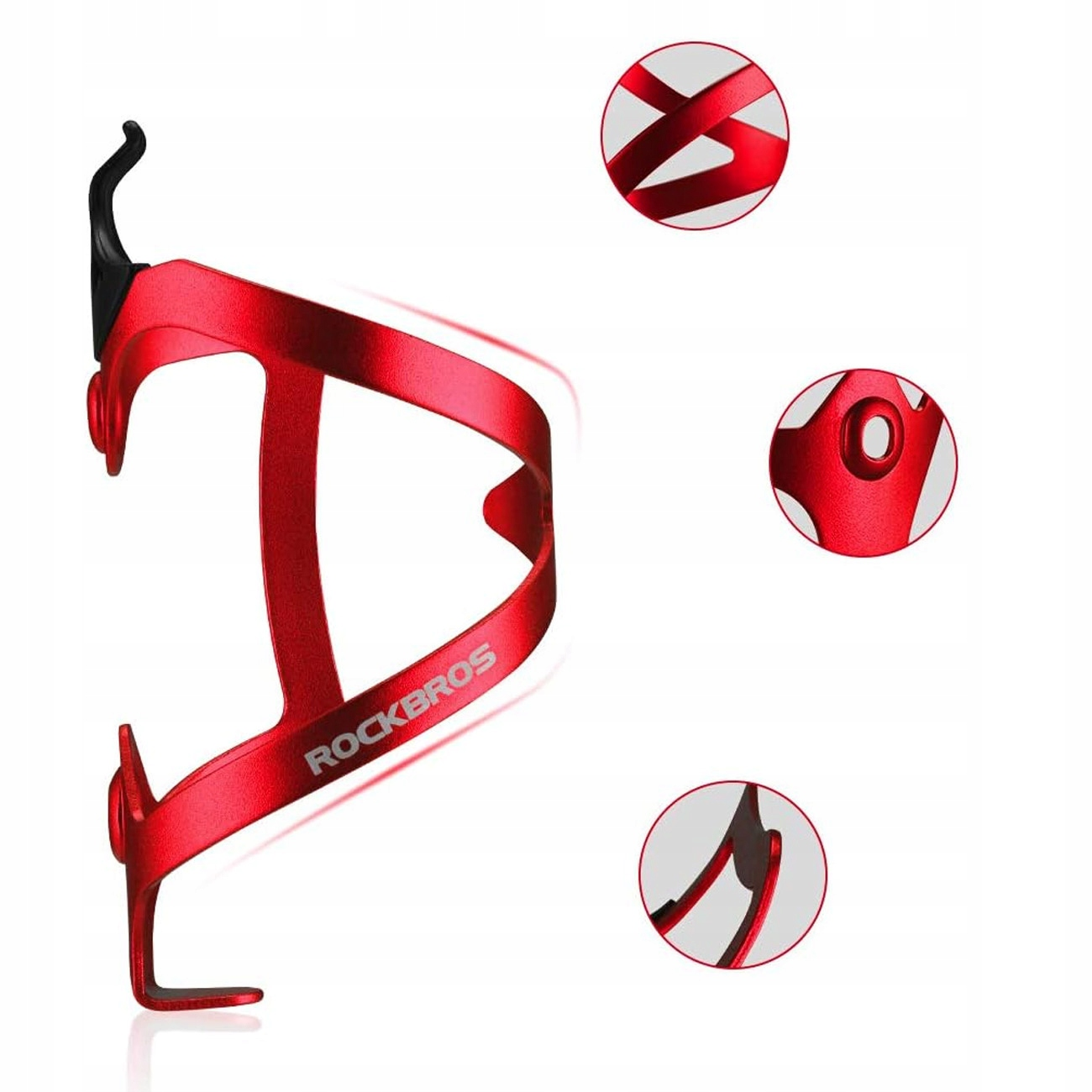 Czerwony uchwyt na bidon rowerowy ROCKBROS wyświetlany ze szczegółami produktu na białym tle.