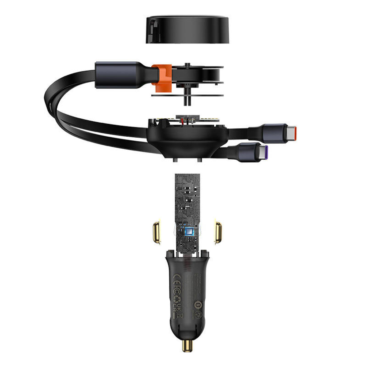 Widok rozłożony czarnej ładowarki samochodowej. Części obejmują kable i komponenty wewnętrzne.