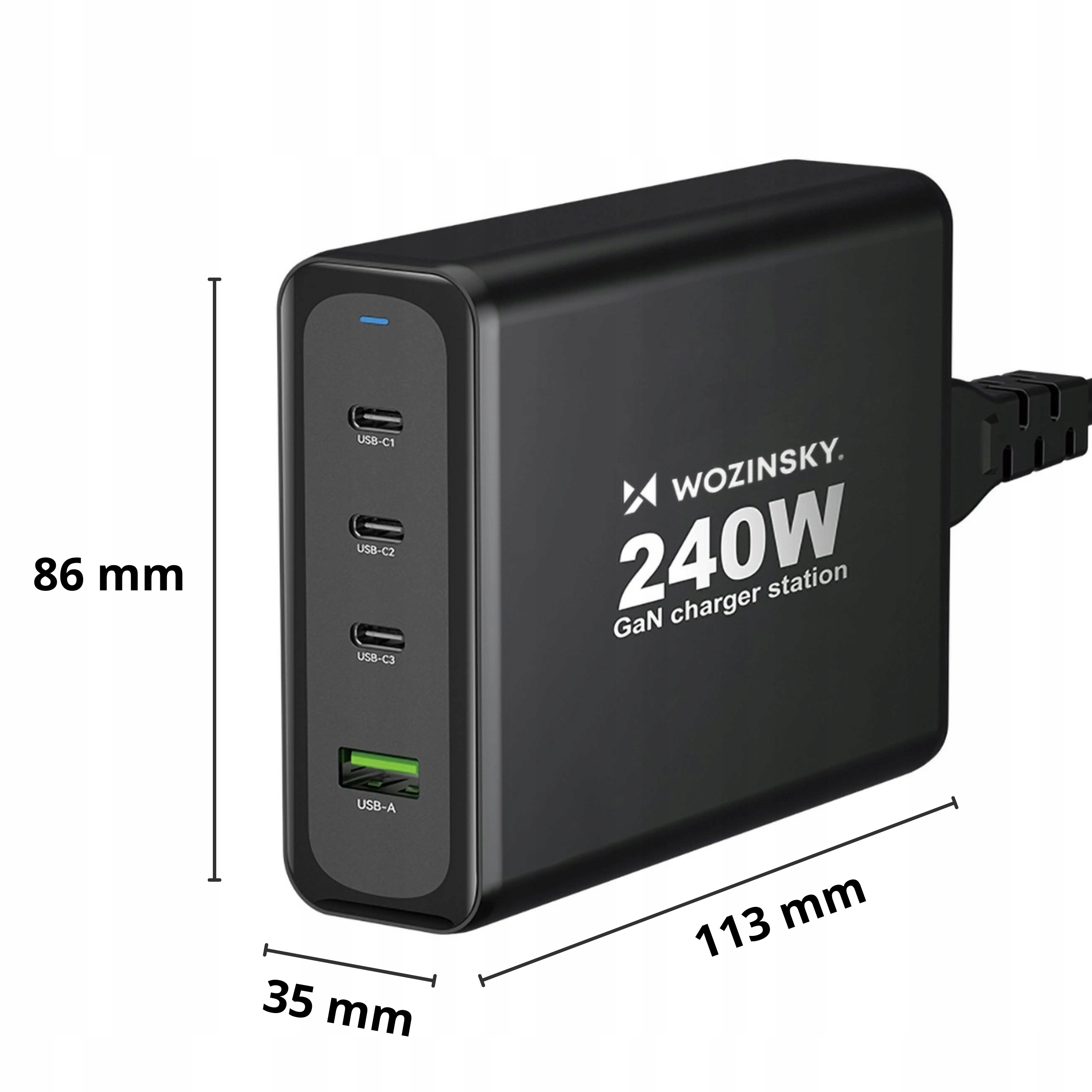 Czarna stacja ładująca Wozinsky 240W GaN z wieloma portami USB. Wymiary pokazano na zdjęciu.