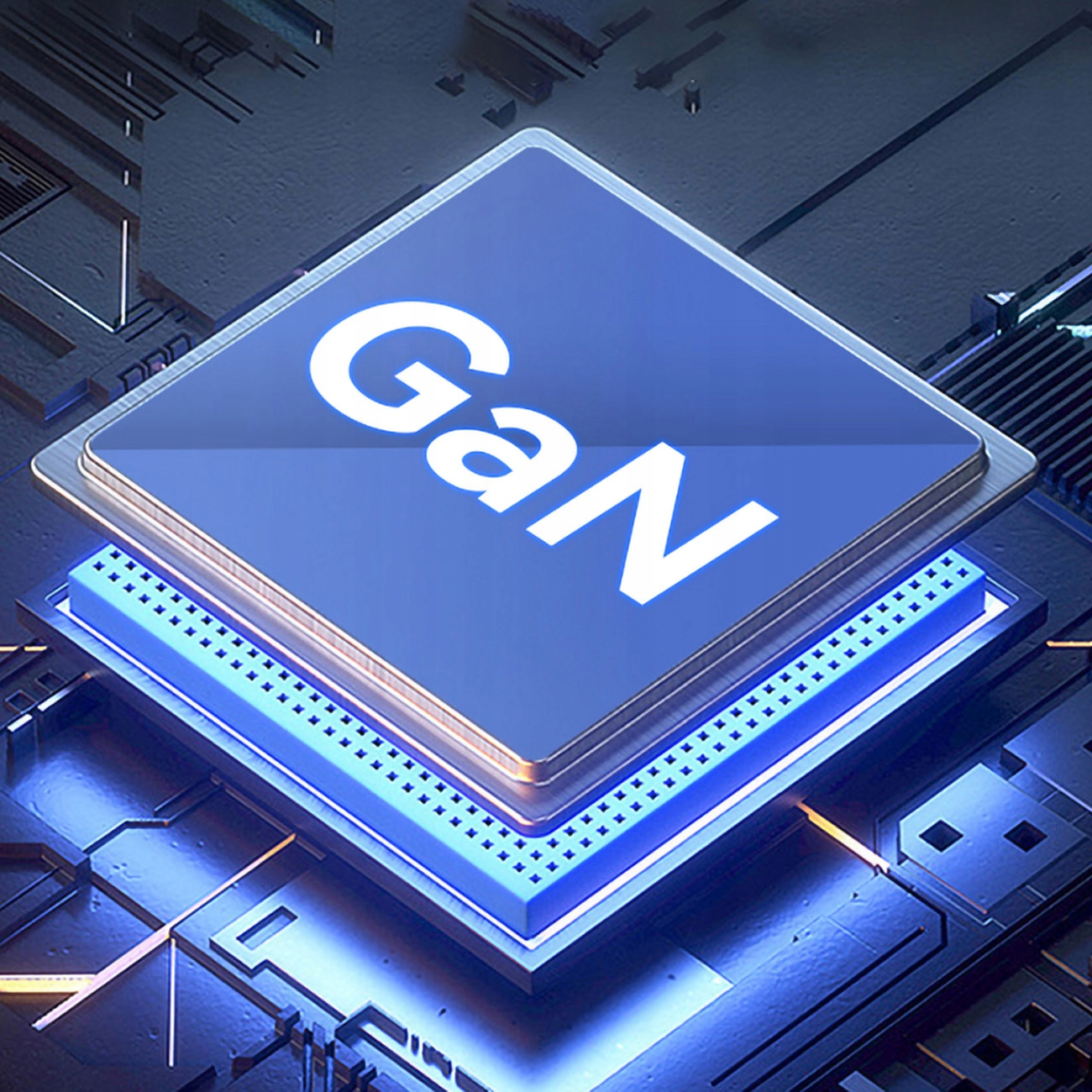 Zbliżenie niebieskiego układu GaN. Układ ma srebrną ramkę ze słowem „GaN” w kolorze białym.