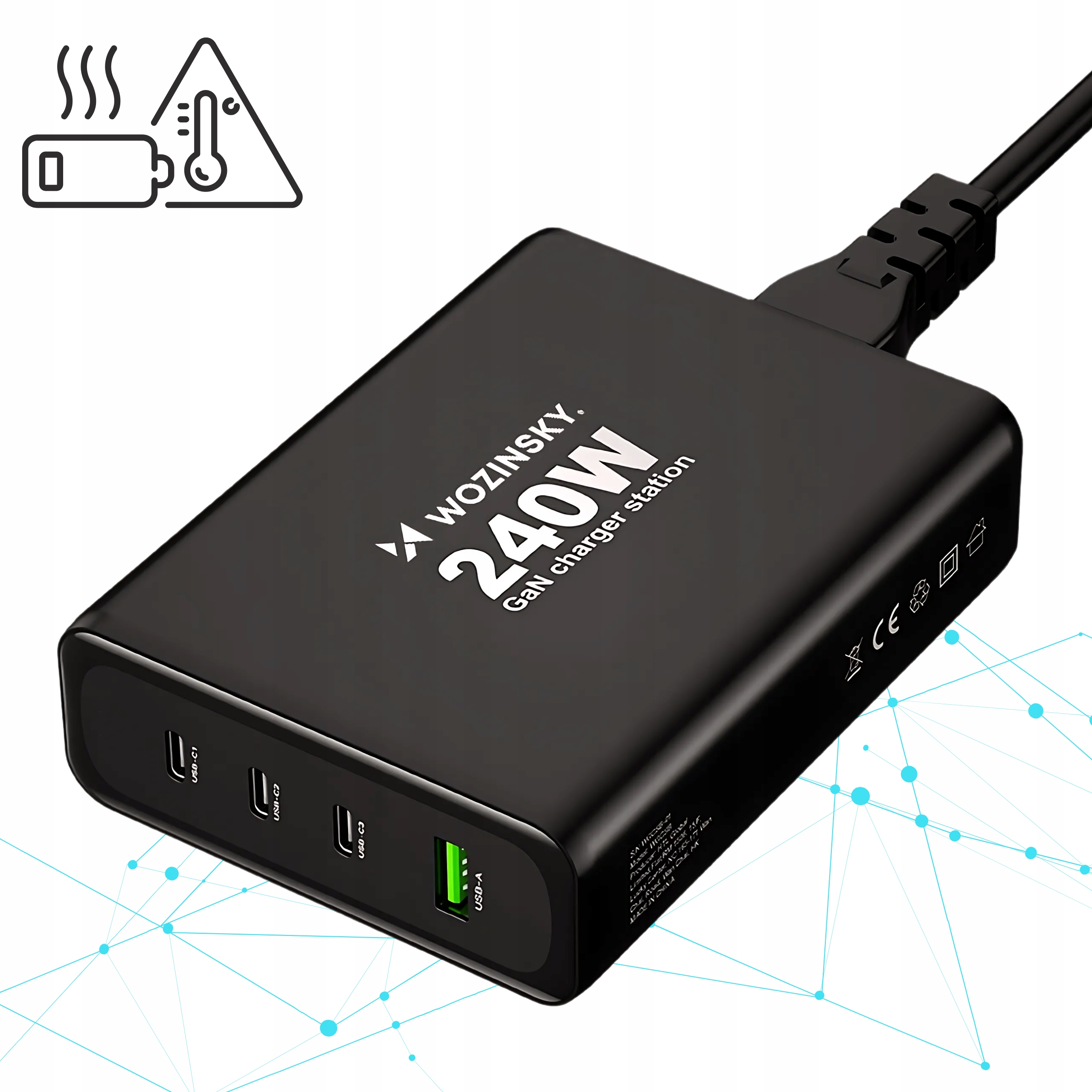 Czarna stacja ładująca Wozinsky 240W GaN, ze znakiem ostrzegawczym przed ciepłem.
