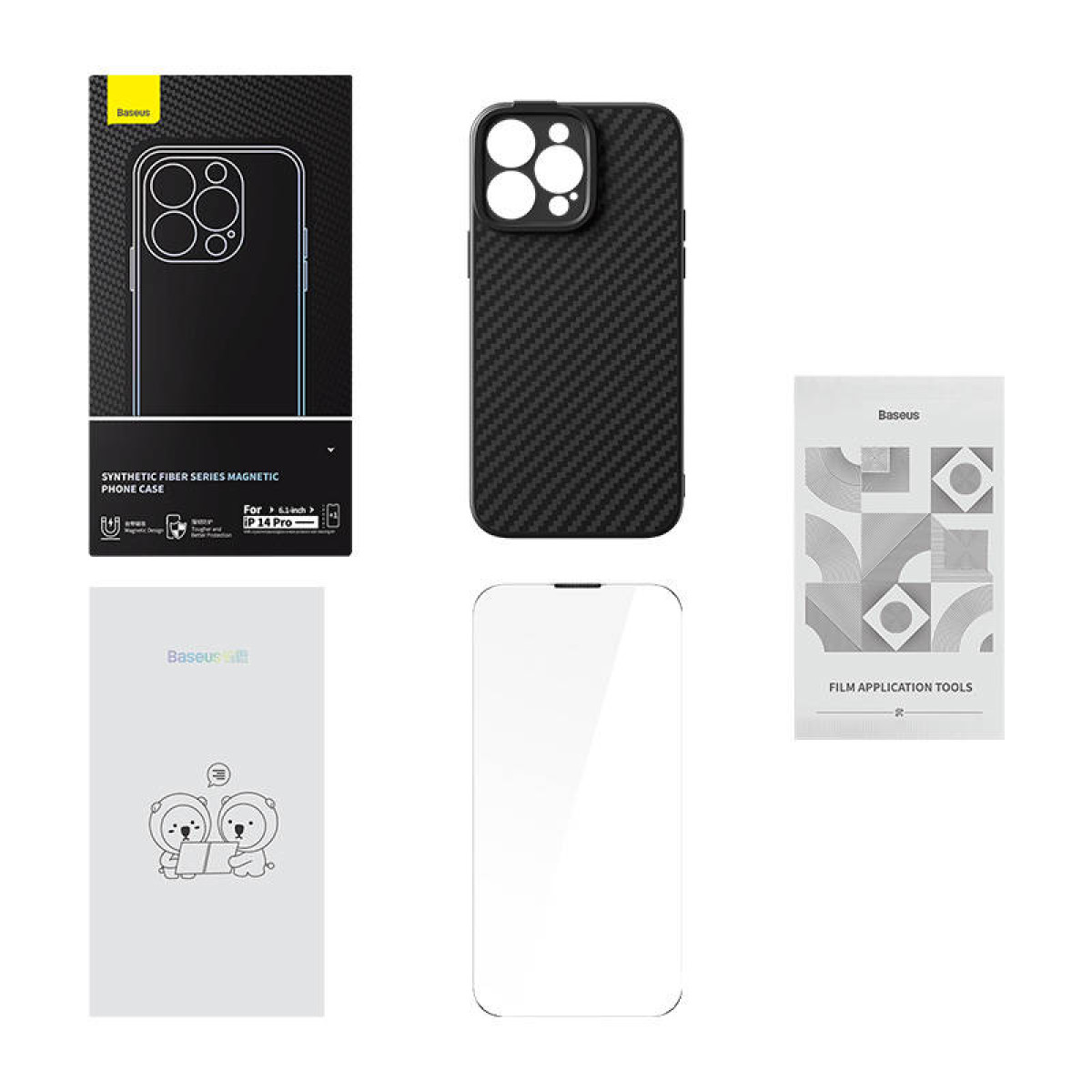Ekspozycja etui Baseus iPhone 14 Pro, ochraniacza ekranu i narzędzi do aplikacji na białym tle.