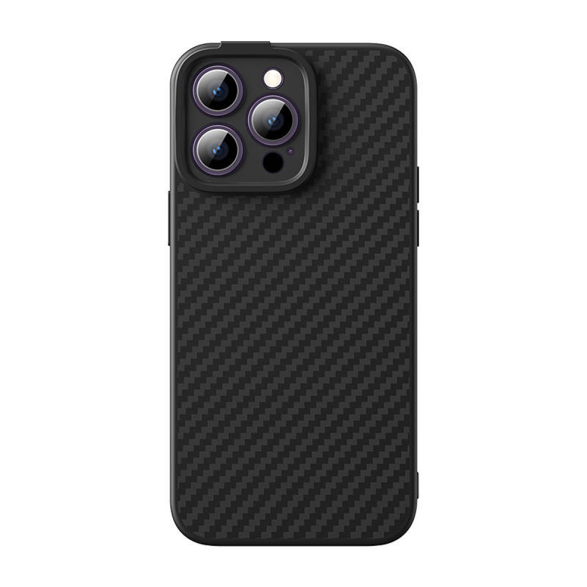 Pokazano czarne etui na iPhone'a z włókna węglowego, podkreślając teksturę i osłony obiektywu aparatu.