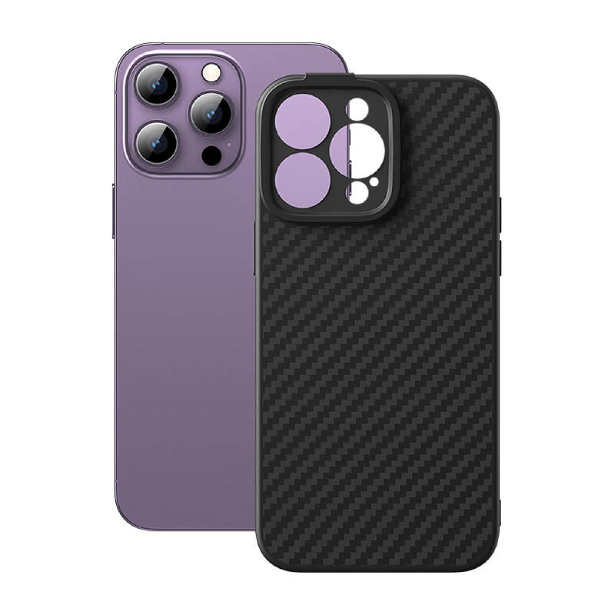 Dwa iPhone'y, jeden fioletowy, a drugi z czarnym etui z włókna węglowego, są wyświetlane na białym tle.
