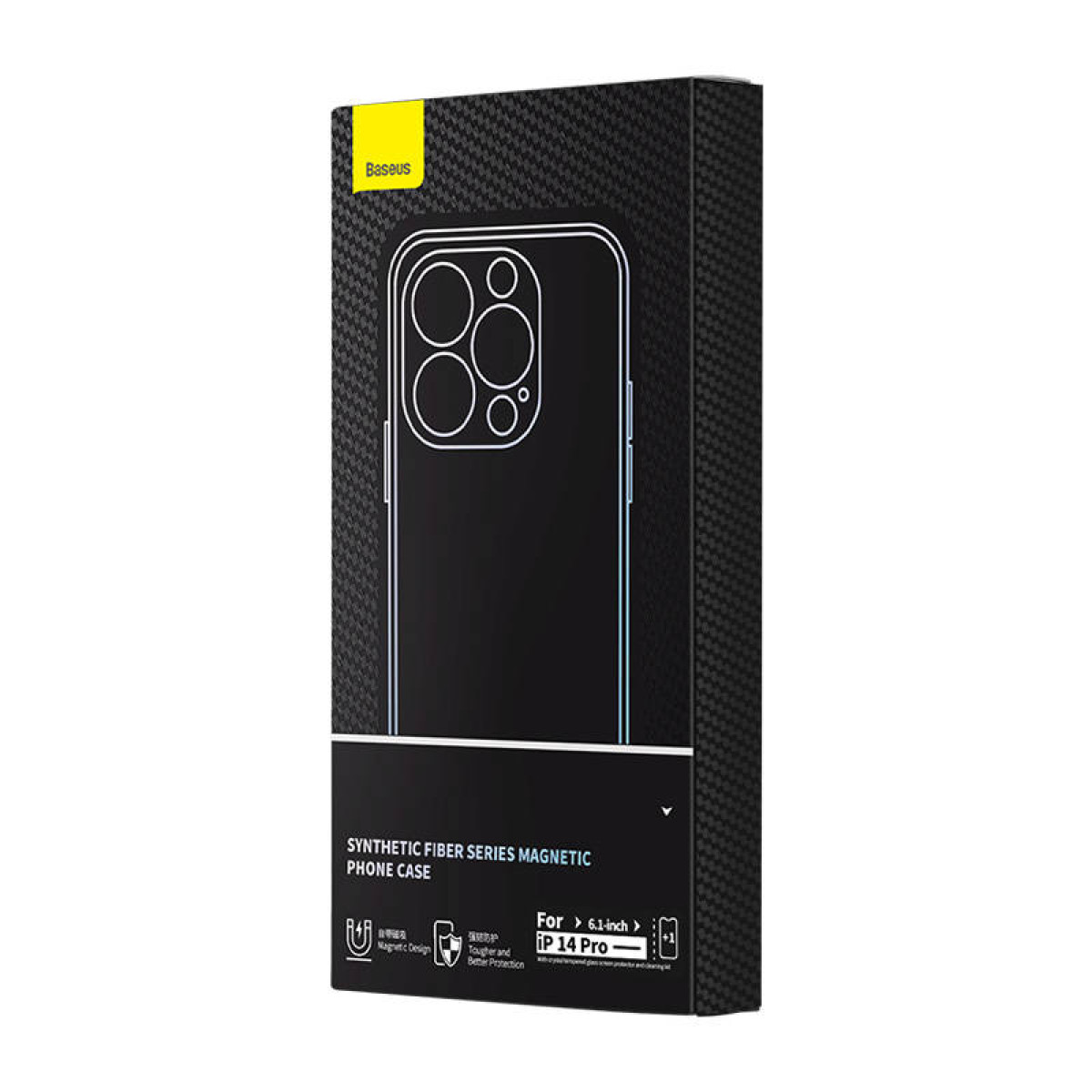 Pudełko z magnetycznym etui na telefon Baseus Synthetic Fiber Series do iPhone'a 14 Pro na białym tle.