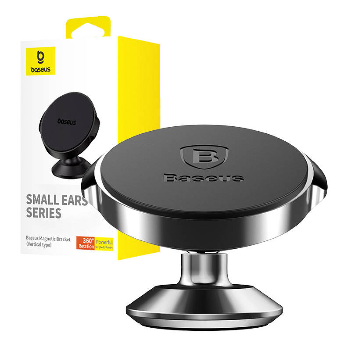 Uchwyt samochodowy do telefonu jest wyświetlany przed jego opakowaniem, które zawiera schemat produktu.