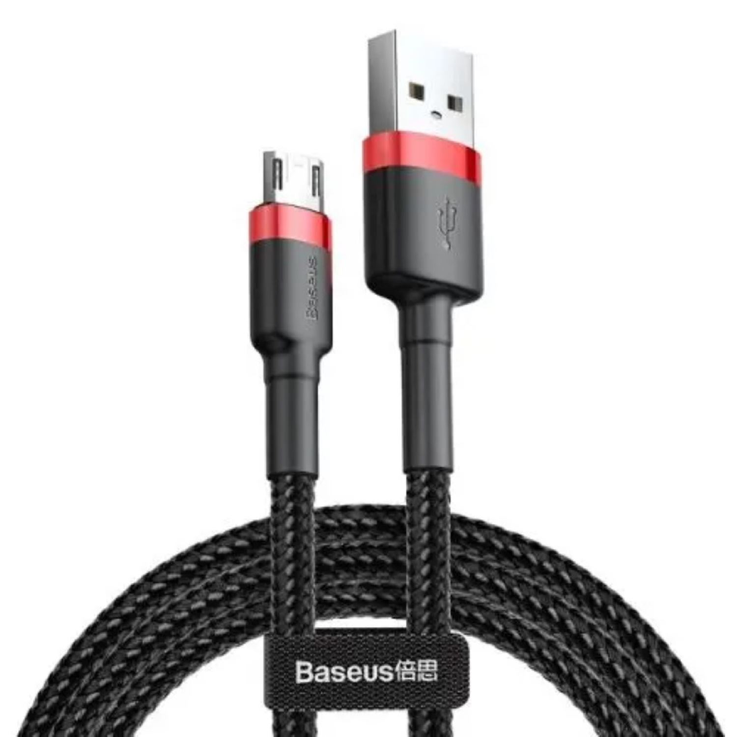 Czarny kabel USB z czerwonymi akcentami i plecionym przewodem na białym tle.
