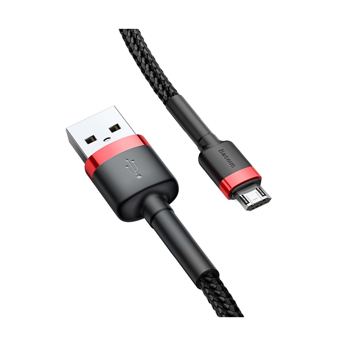 Czarny, pleciony kabel USB z czerwonymi akcentami. Złącza na obu końcach.
