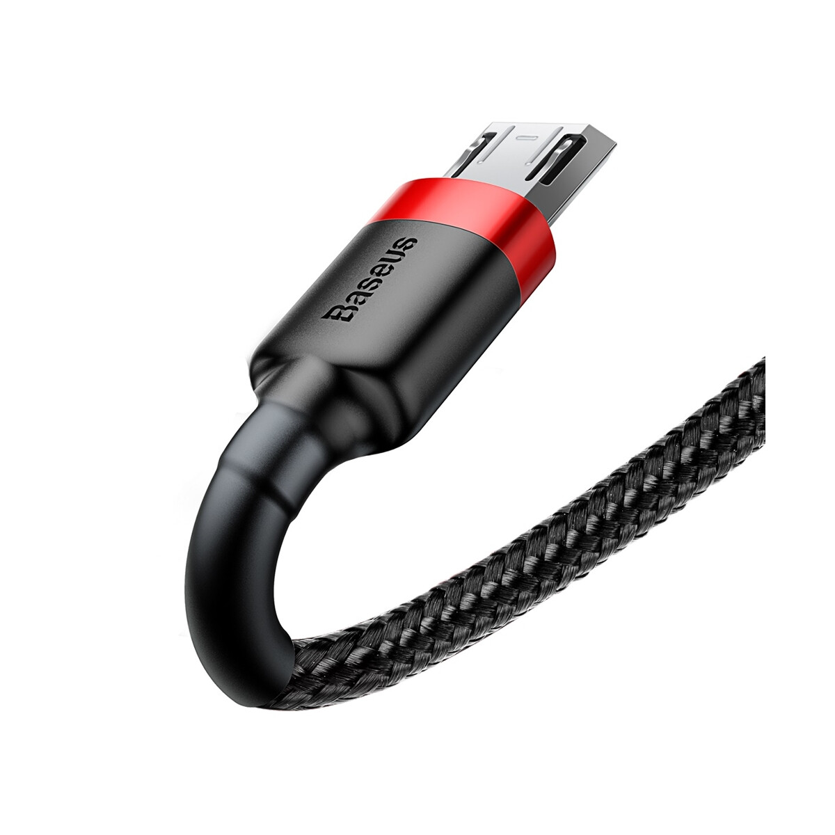 Zbliżenie czarnego, plecionego kabla USB z czerwonym akcentowanym złączem.