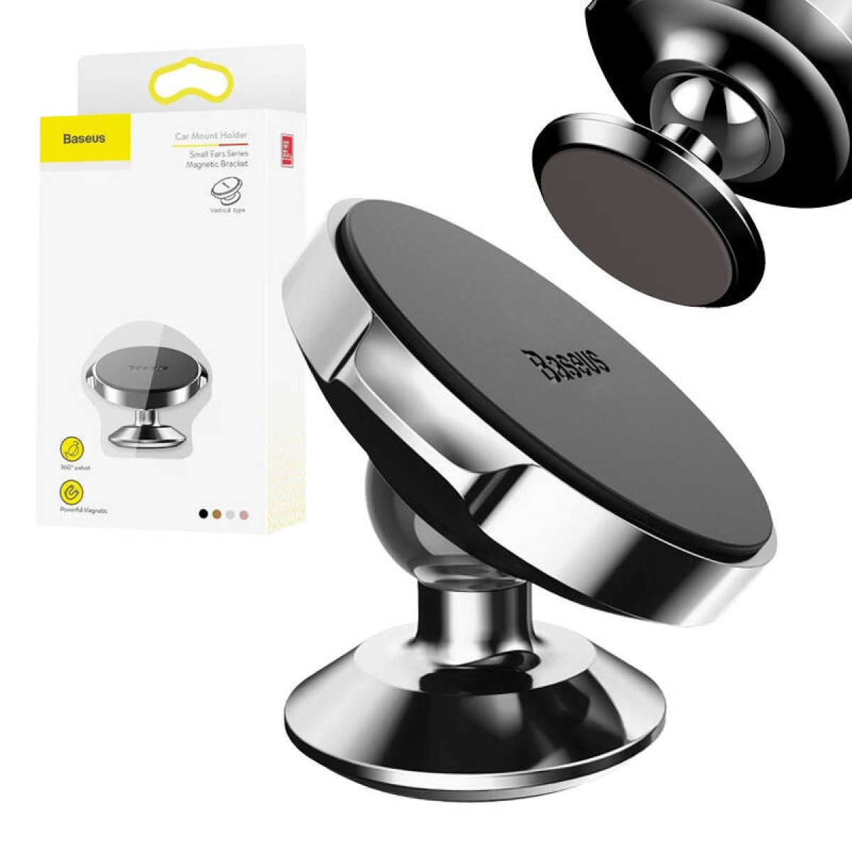 Srebrno-czarny magnetyczny uchwyt na telefon, widoczne opakowanie, regulowany przegub kulowy.
