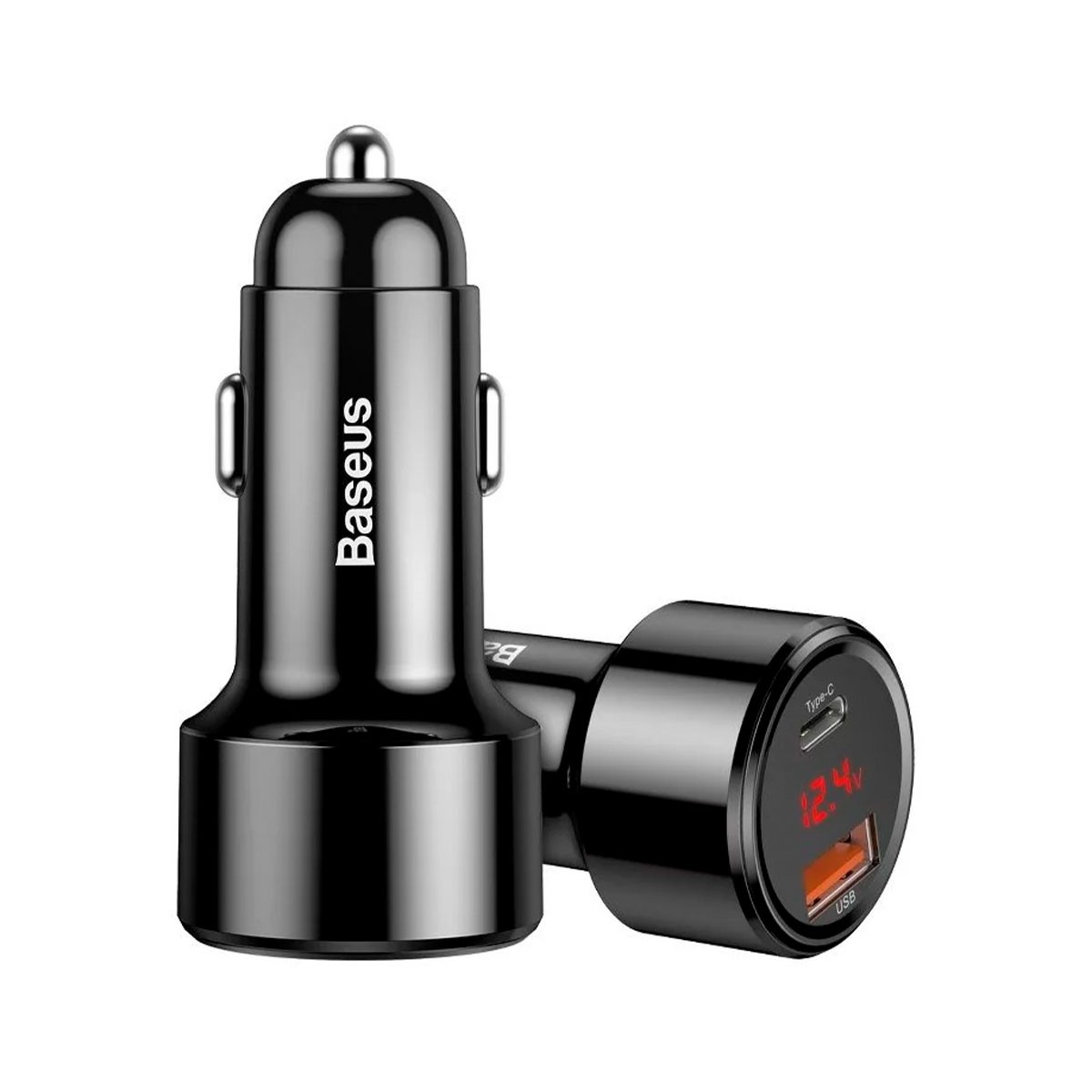 Dwie czarne ładowarki samochodowe Baseus, jedna pionowa i jedna przechylona, obie z wyświetlaczem cyfrowym pokazującym 12,4 V.