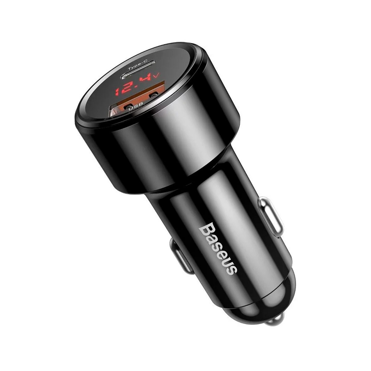 Czarna ładowarka samochodowa Baseus, ustawiona pod kątem, aby pokazać cyfrowy wyświetlacz 12,4 V, porty USB i Type-C.