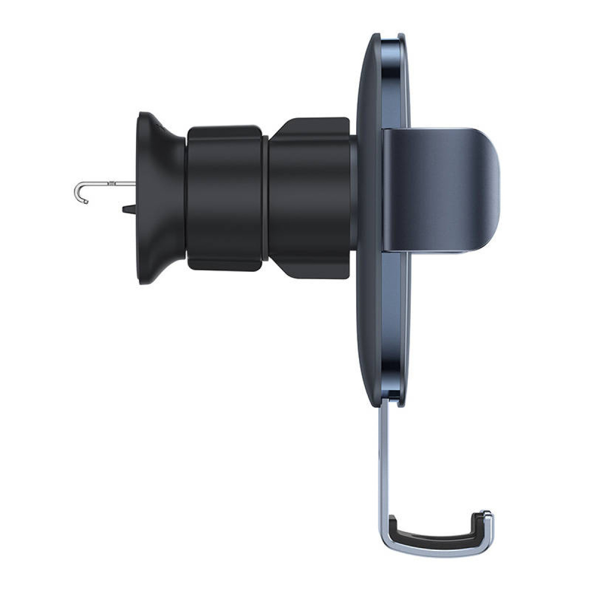 Czarny uchwyt samochodowy na telefon Baseus z regulowanymi ramionami i mocowaniem na przyssawkę, pokazany z boku.