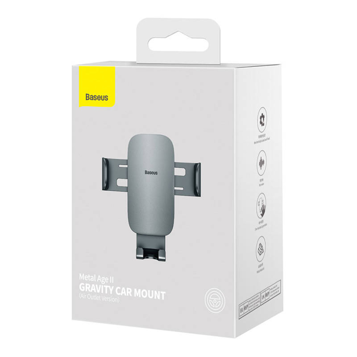 Wyświetlane jest białe pudełko na uchwyt samochodowy Baseus Metal Age II Gravity, z szarym obrazem uchwytu samochodowego.