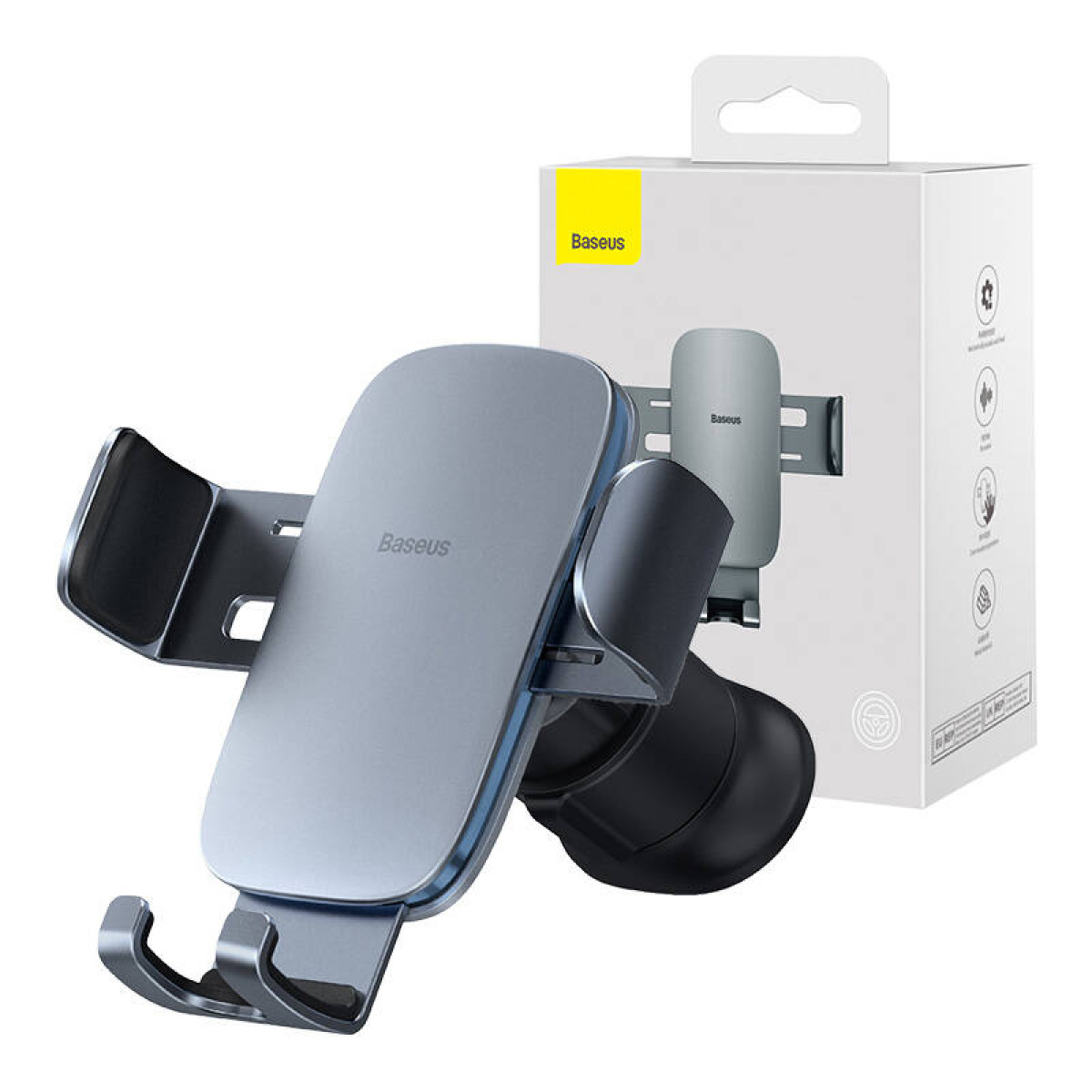 Szary uchwyt samochodowy Baseus Metal Age II Gravity z opakowaniem, podkreślający jego design i funkcje.