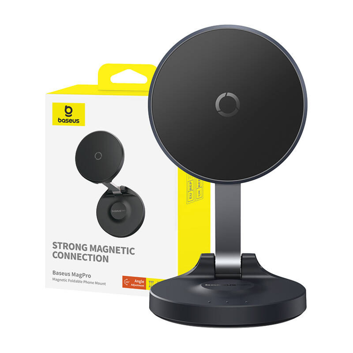 Czarny uchwyt na telefon z podstawą i pudełkiem. Baseus MagPro, mocne połączenie magnetyczne.