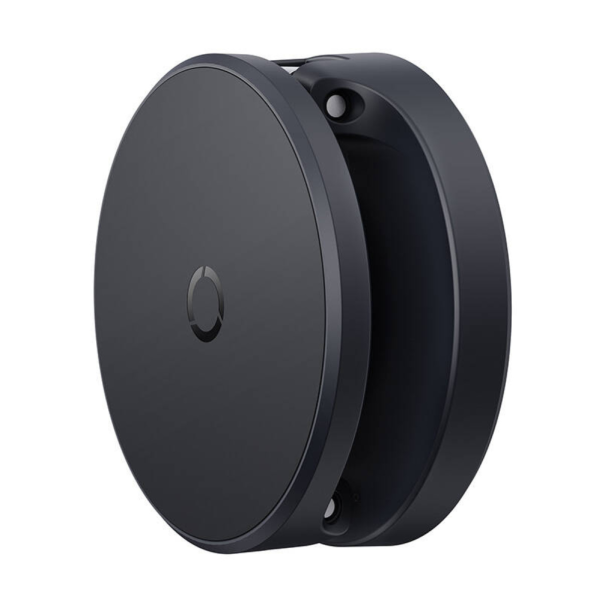 Okrągły, czarny uchwyt na telefon, zamknięty. Uchwyt ma otwór pośrodku.
