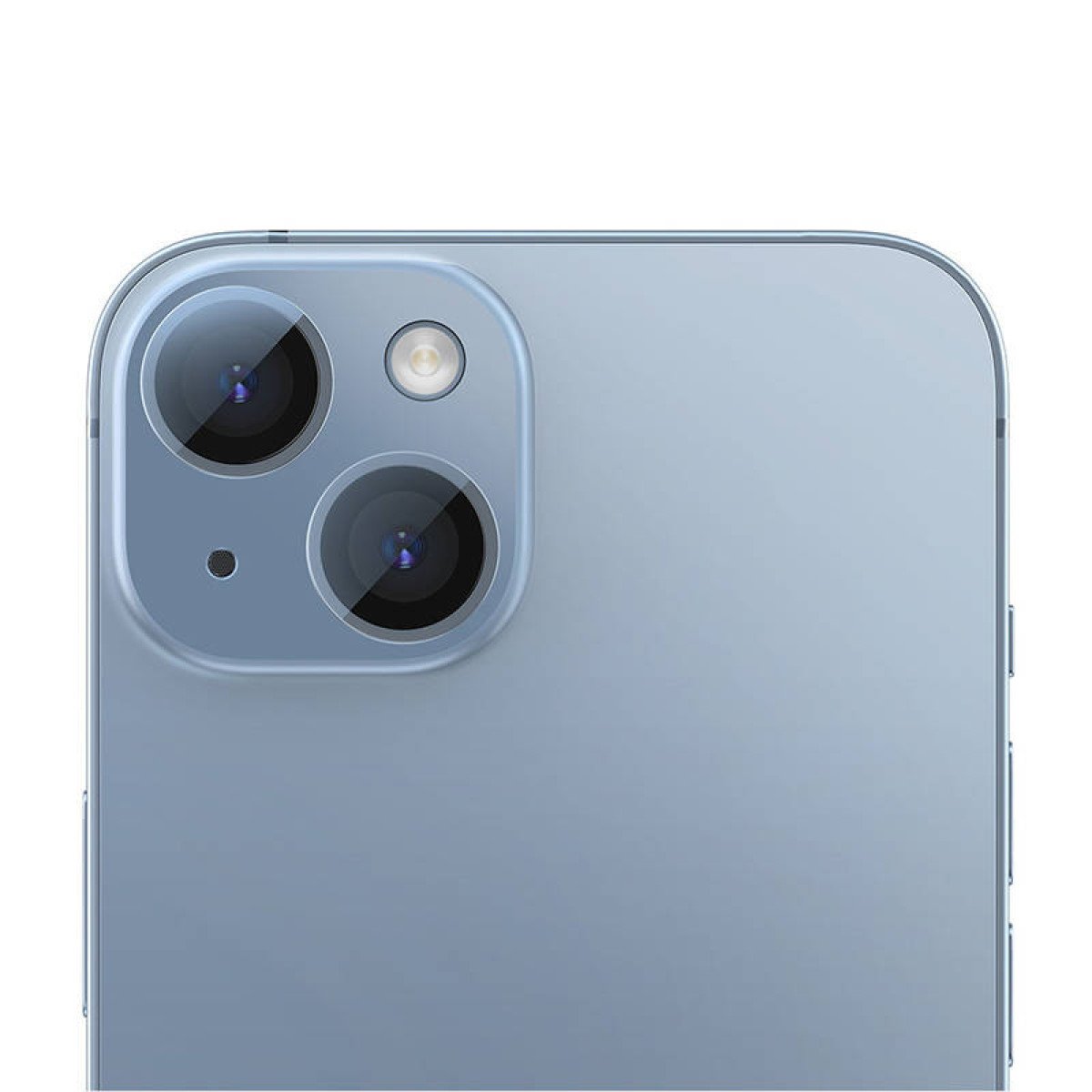 La parte posteriore di uno smartphone azzurro mostra due obiettivi della fotocamera e un flash.