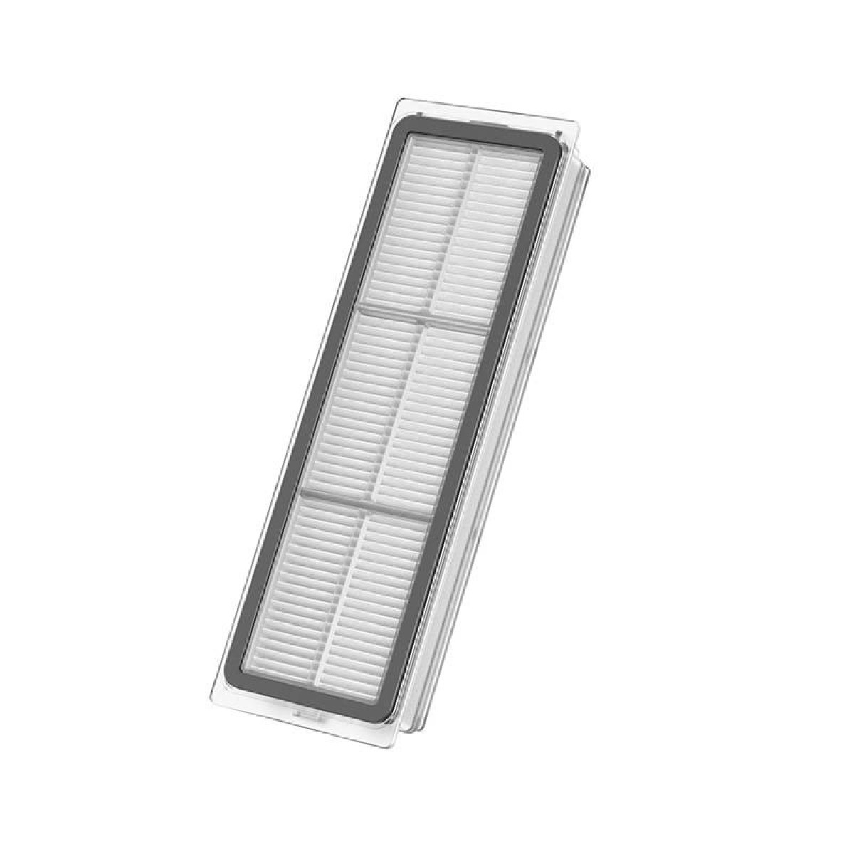 Un filtro dell'aria rettangolare con un filtro bianco pieghettato all'interno di una cornice grigia. È su uno sfondo bianco.