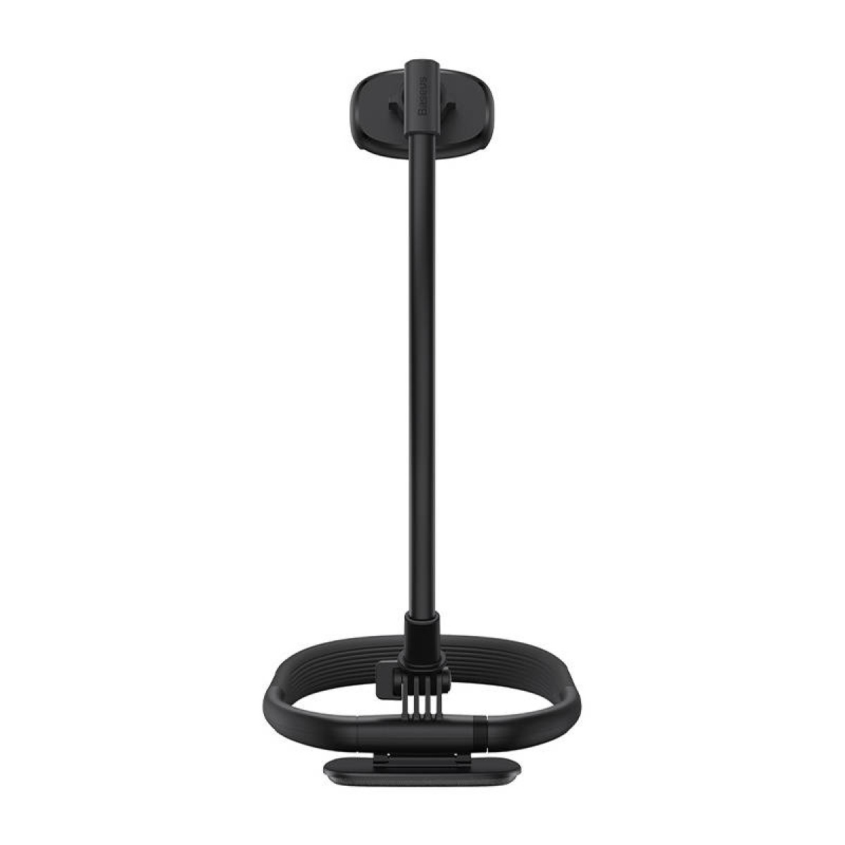 Czarny uchwyt na telefon z okrągłą podstawą i mocowaniem telefonu na górze.