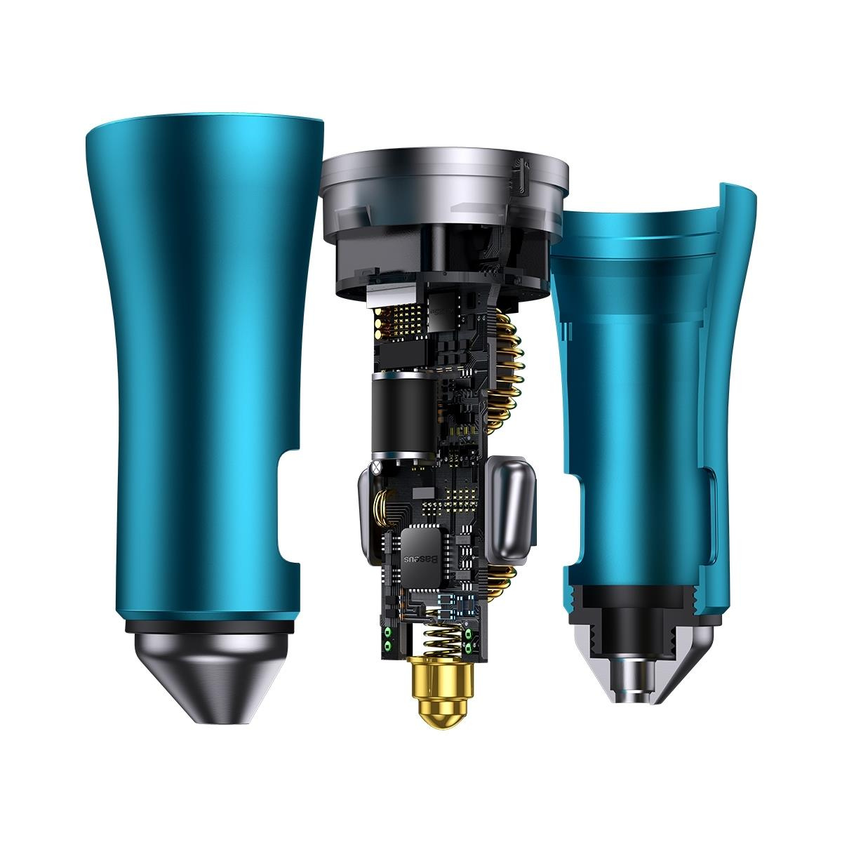 Widok rozstrzelony turkusowej ładowarki samochodowej pokazujący wewnętrzne komponenty i obudowę.