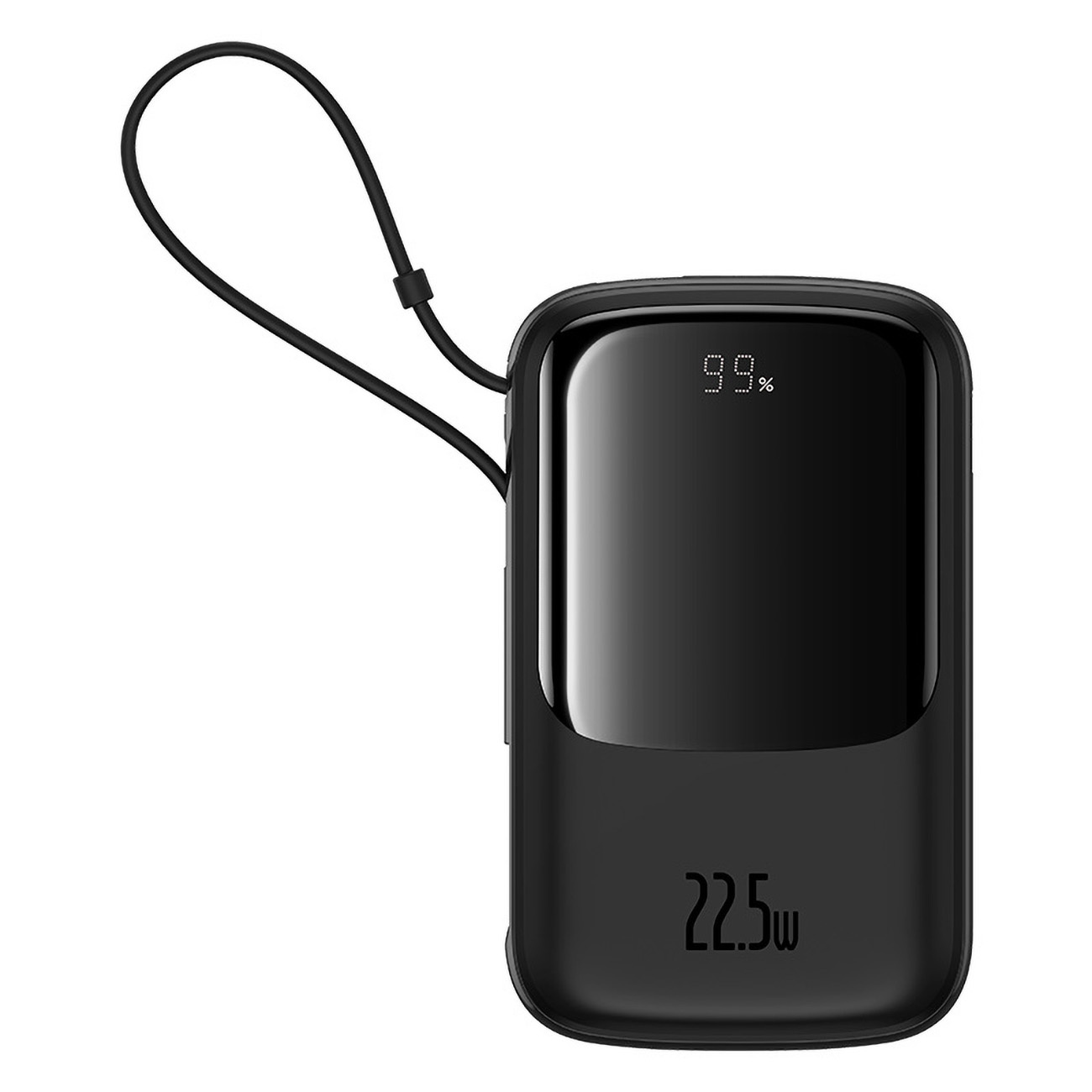 Czarny power bank z wyświetlaczem pokazującym 99% naładowania i pętlą do przenoszenia.