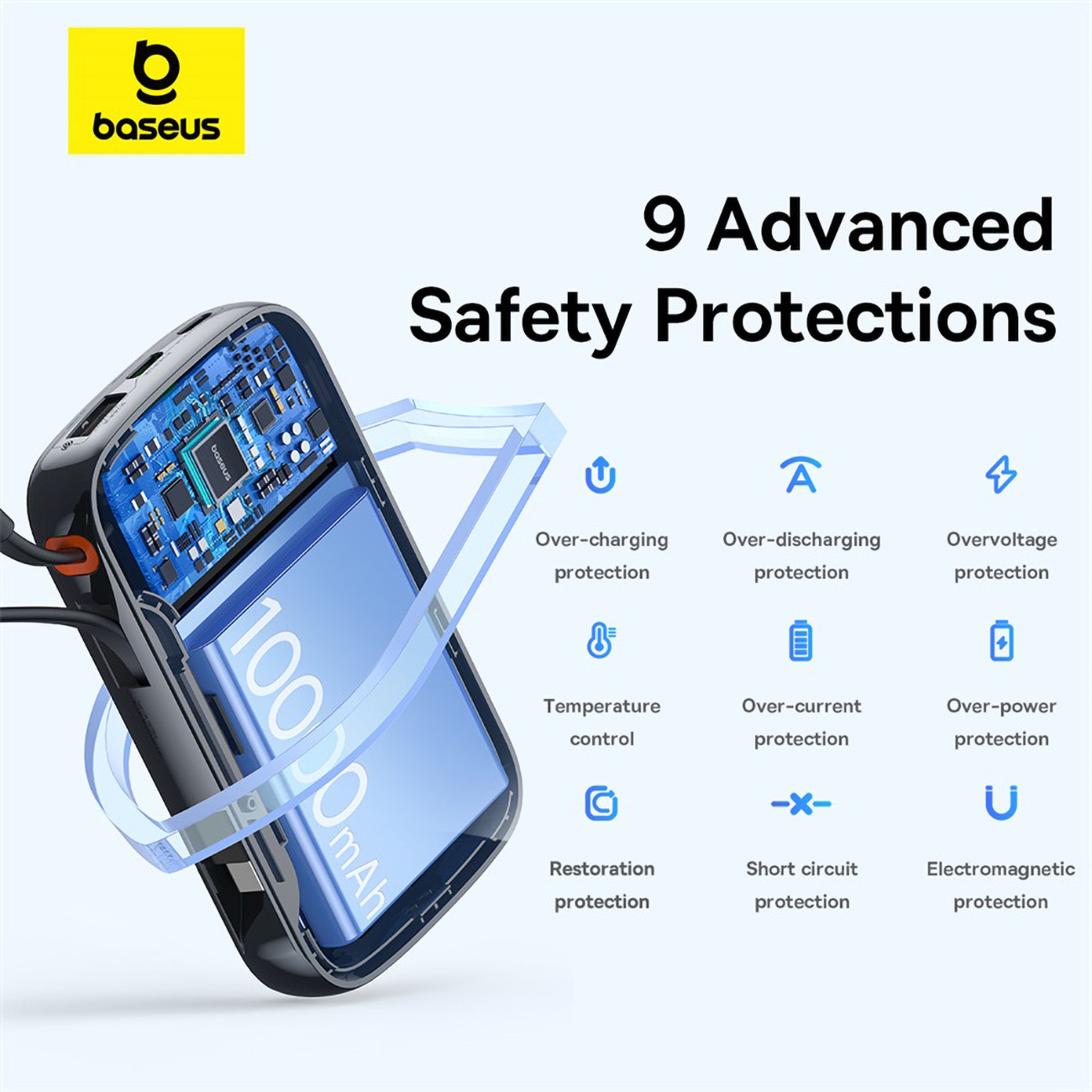 Power bank Baseus z odsłoniętymi wewnętrznymi komponentami, prezentujący 9 zaawansowanych zabezpieczeń w przejrzystej konstrukcji.