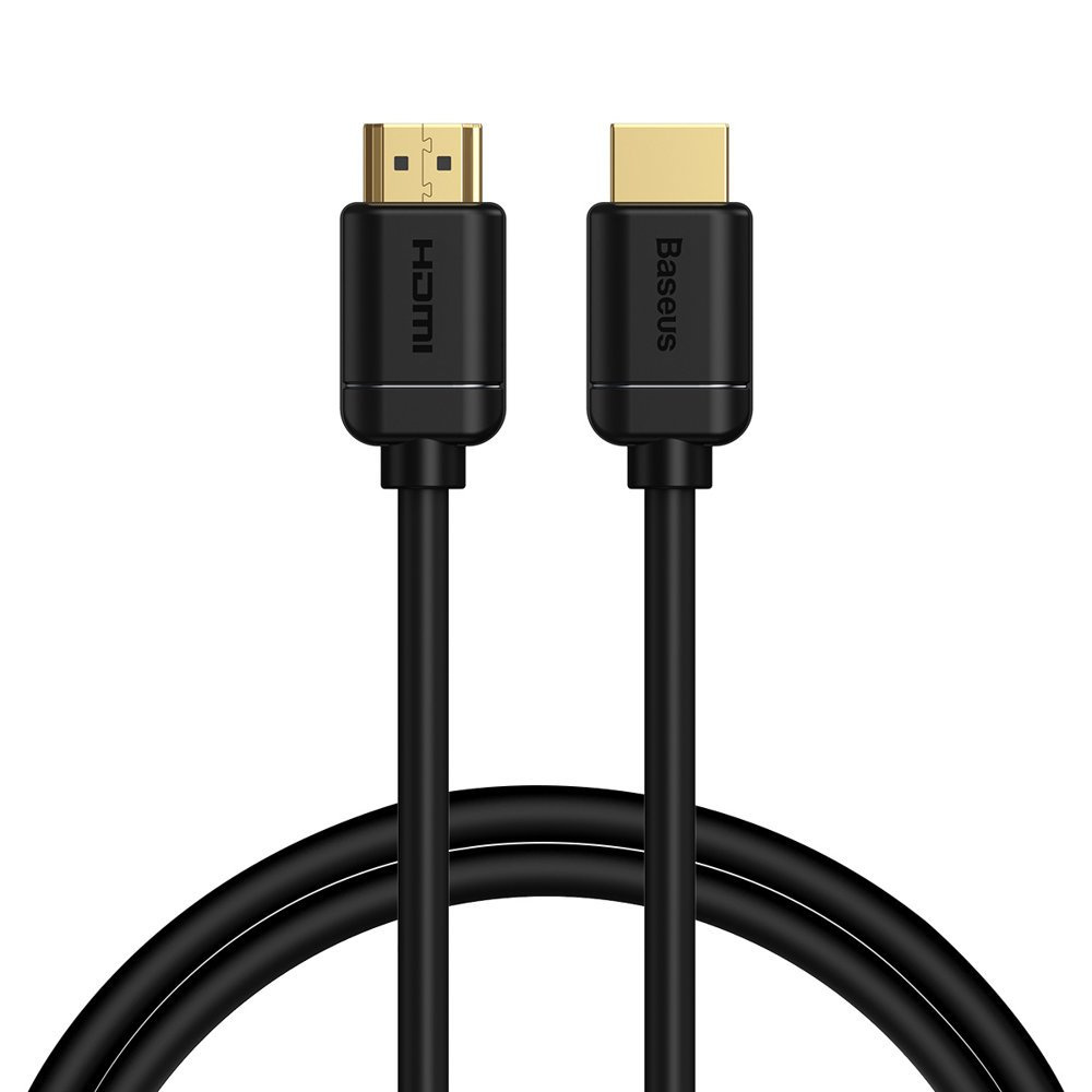 Wyświetlany jest czarny kabel HDMI z pozłacanymi złączami.