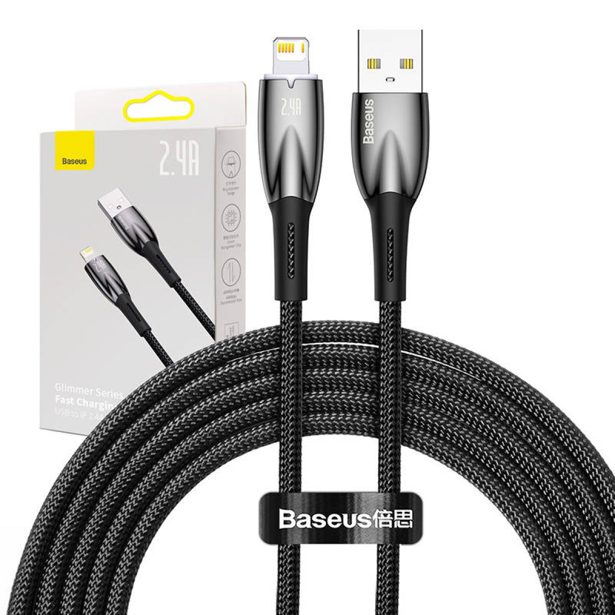 Czarny kabel USB do Lightning z logo Baseus, zwinięty do ekspozycji, pokazujący oba końce złączy.