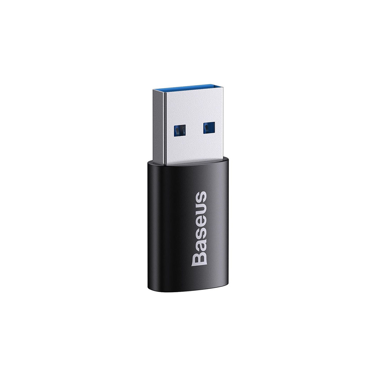 Czarny adapter USB Baseus z niebieskim portem USB 3.0, izolowany na białym tle.