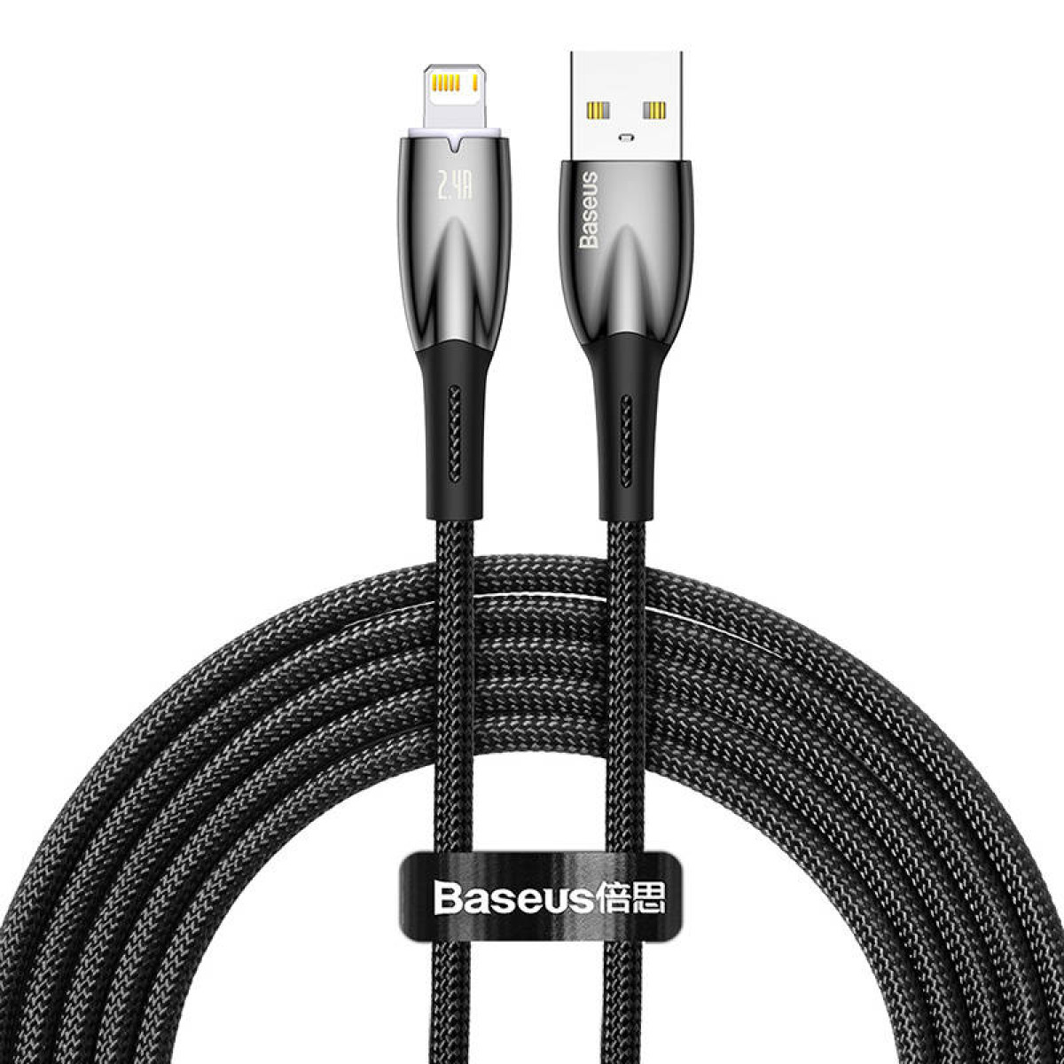 Czarny kabel USB do Lightning z logo Baseus, zwinięty do ekspozycji, pokazujący oba końce złączy.