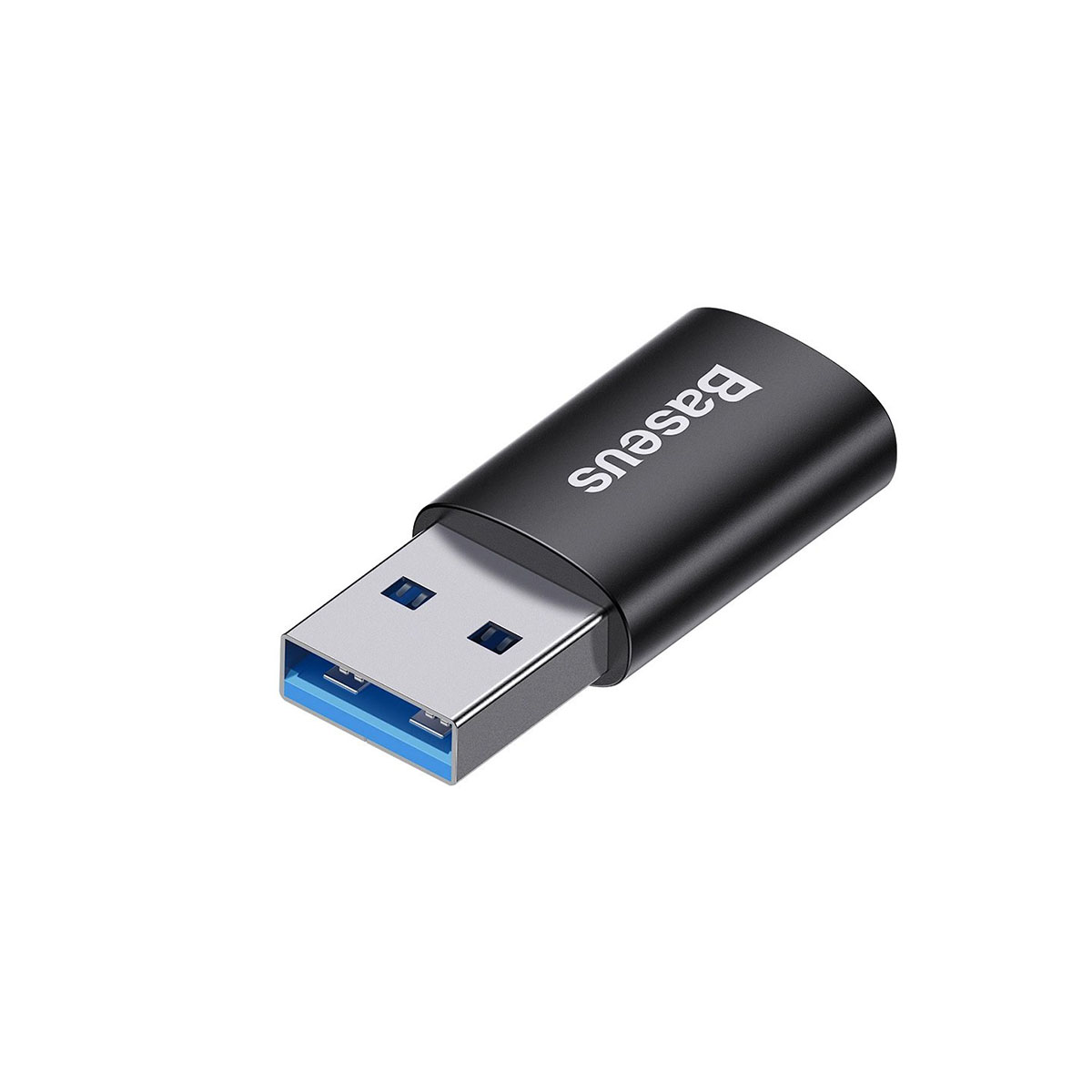 Czarny adapter USB Baseus z niebieskim portem USB 3.0, widok pod kątem, rzucający cień na białym tle.