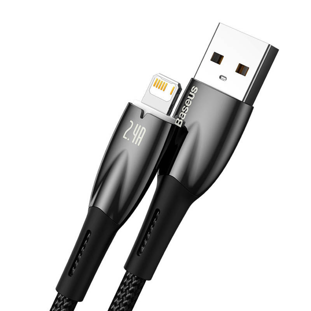 Czarny kabel USB do Lightning z logo Baseus, pokazujący oba końce złączy, czyste białe tło.